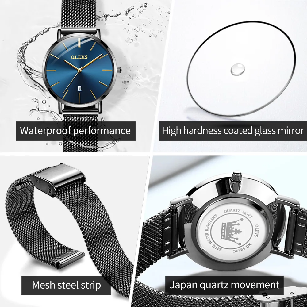 OLEVS-Montres de couple à quartz ultra minces pour hommes et femmes, bracelet en maille, étanche, date automatique, montres-bracelets minimalistes pour amoureux, 5869mm, 6.5