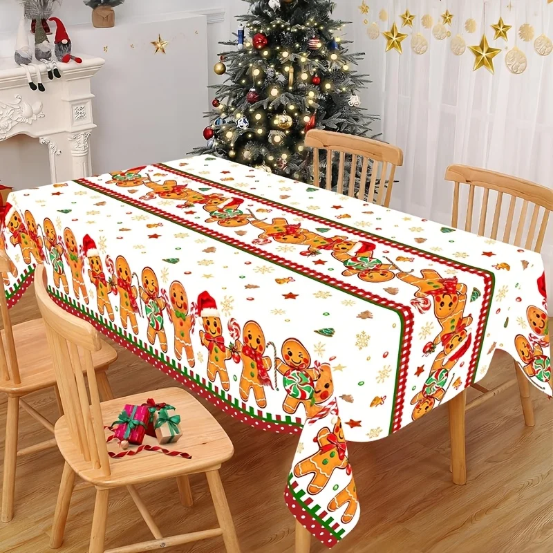 1pc Festive Christmas Plastic Tablecloth, 86.61 X 51.18inch Cartoon Gingerbread Man Pattern Disposable Rectangle Tablecloth for