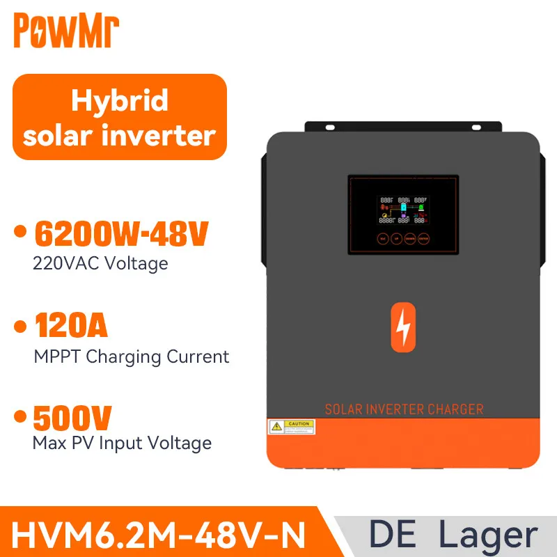 

PowMr 6200W Solar Inverter 48V 6.2kw Hybrid Inverter MPPT Charger 120A 500VDC PV Input 220VAC Pure Sine Wave Hybrid Inverter