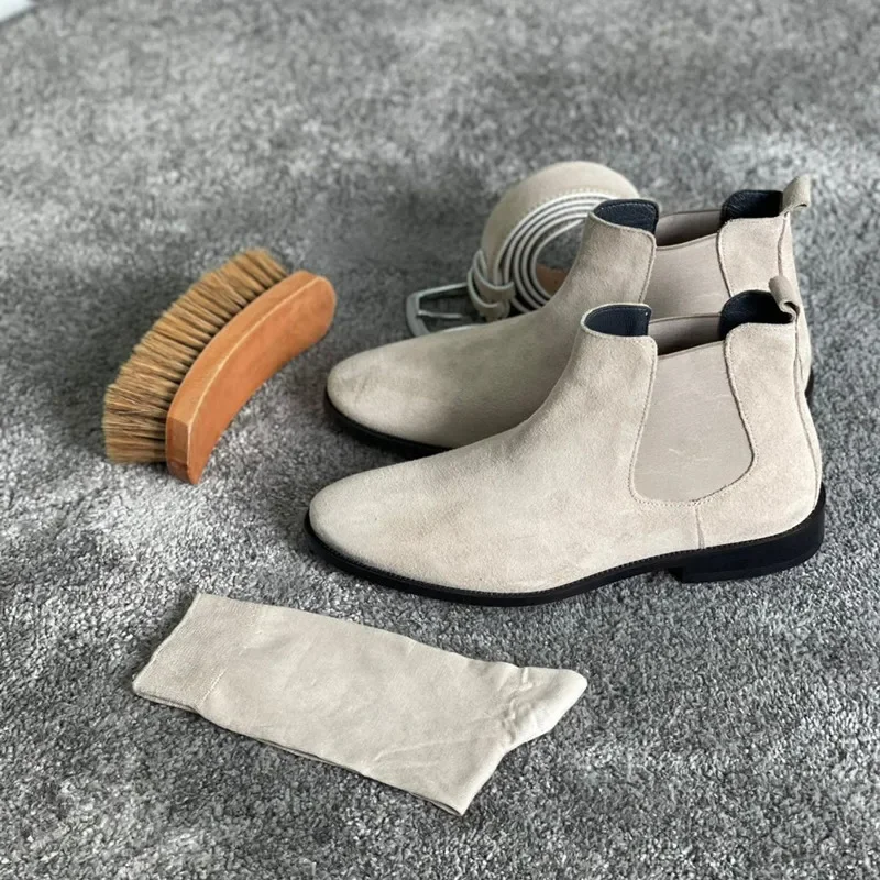 New In Men Chelsea Boots Beige Flock Round Toe Slip-On Business Handmade Men Boots  Botas De Hombre