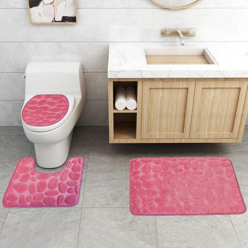 Toilet Seat Cover 3Pcs Set Bath Mat Shower Room Floor Rug Home Bathroom Anti-Slip Absorbent Doormat Pebbles Bathtub Decor Carpet