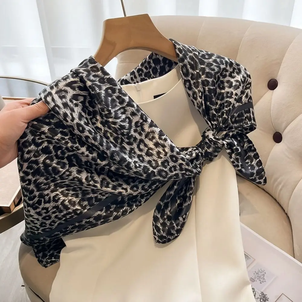 Elegant 90cm Women Square Scarf Leopard Print Satin Bandana Lady Hair Shawl Wrap Neck Foulard Large Hijab Female Neckerchief