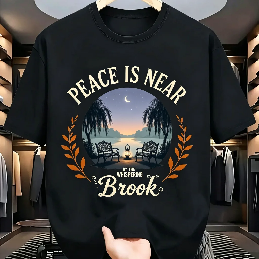 Camiseta de algodón negra para hombre, camiseta informal de manga corta con estampado Peace Is Near By The Whispering Brook