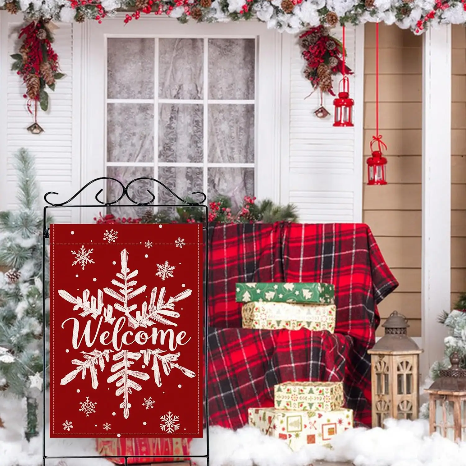 Artofy Welcome Christmas Snowflake Large Decorative House Flag, Red Xmas Yard Garden Outside Decor, Winter Holiday Burlap Ou SSL