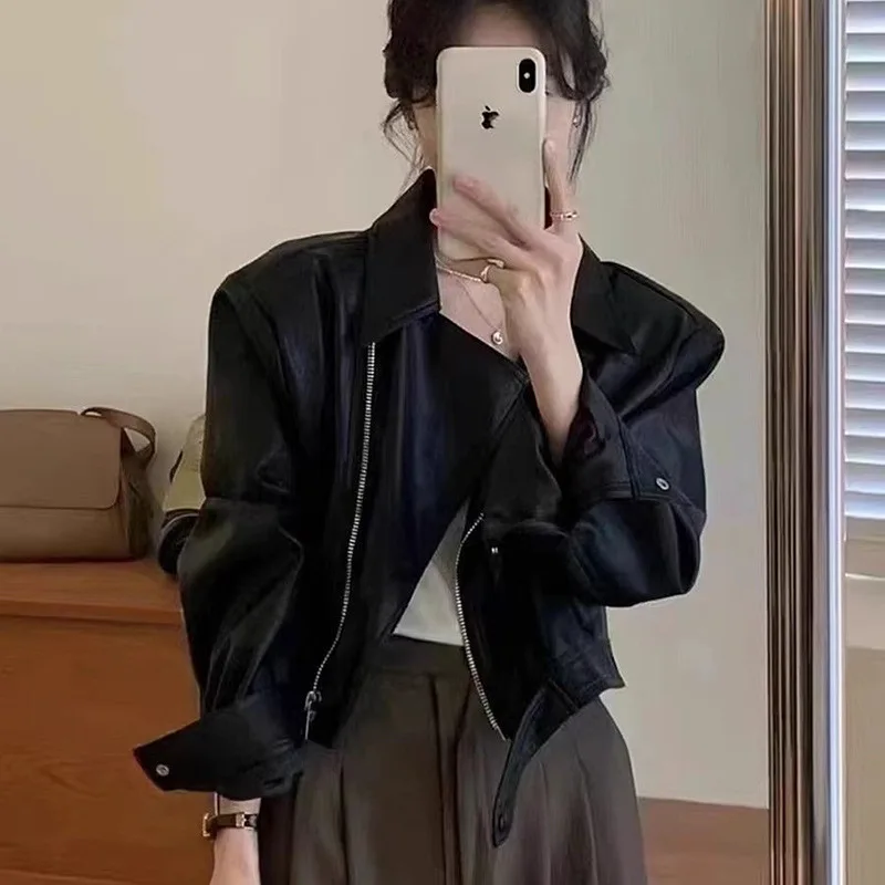 Femmes veste en cuir Vintage américain rue revers court noir PU Biker manteaux femme 2025 automne mode culture hauts manteaux