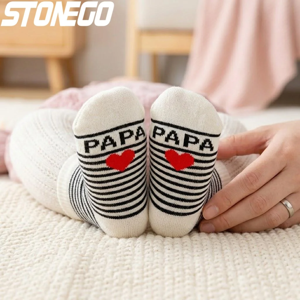 Cute Toddler Socks for Baby Boys Girls Cotton Crew Striped Design I Love Mama Papa for 0-6 Months