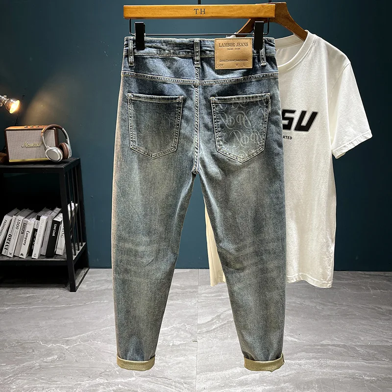 Cropped jeans men's summer2024new casual all-match fashion high-end Stretch Slim Fit Skinny printed pants
