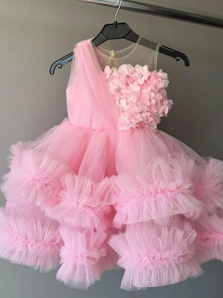 Pink Luxurious Birthday Party Dress For Girls Elegant Pearls Evening Dresses For Teenage Girls Party Frock For Wedding Kids