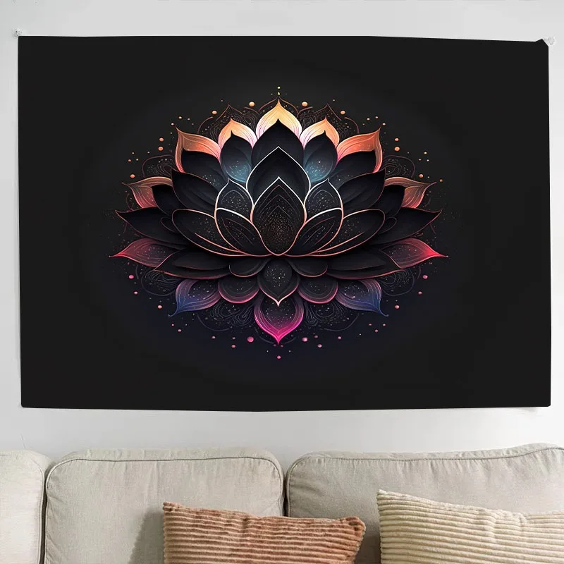

Lotus Floral Wall Hanging Black Polyester Tapestry with Flannel Trim All Weather Decor for Bedroom Ceremonial Style Gift