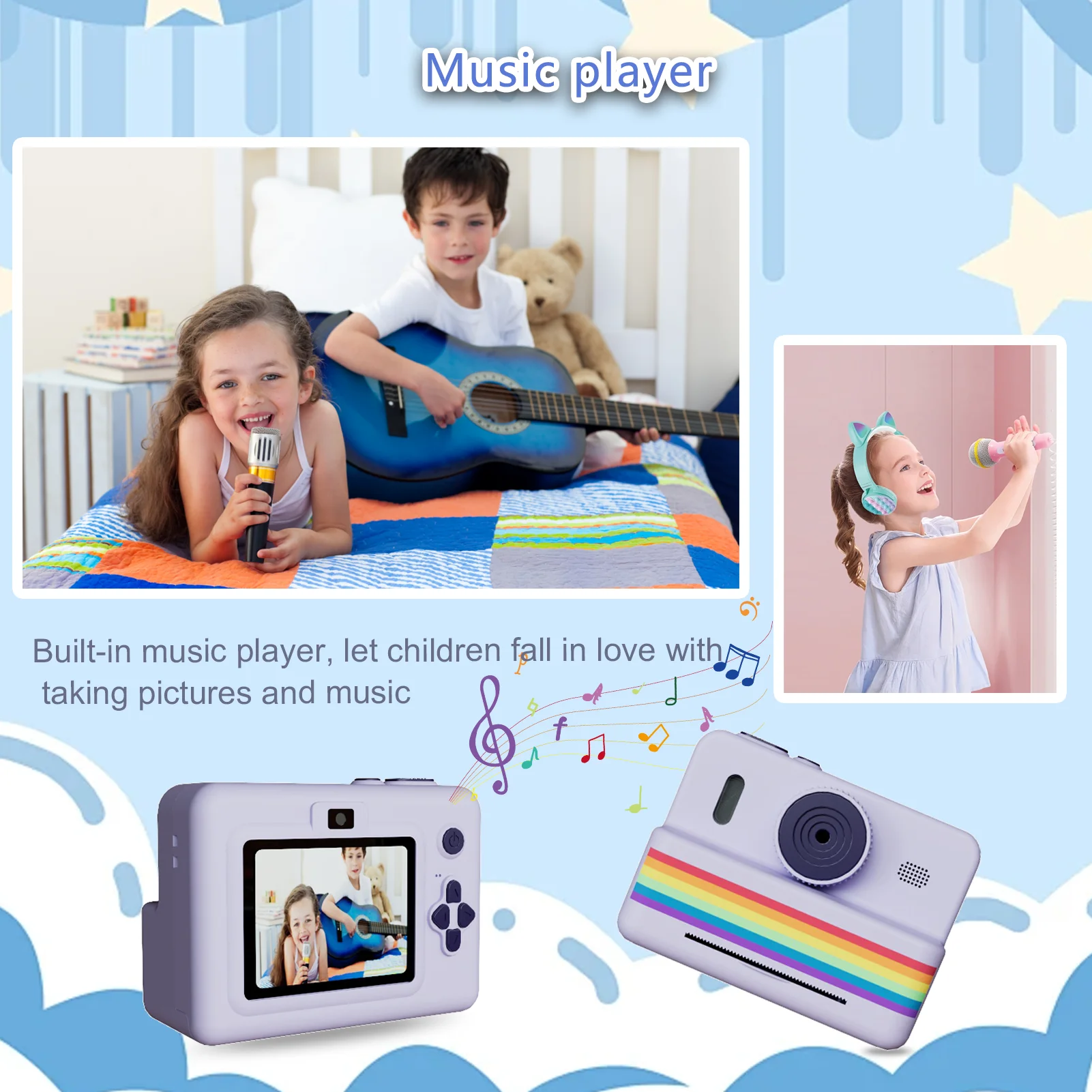 Kids Camera Instant Print Machine 2.8 Screen Print Camera Toys Cute Gifts For Girls Boys Aged 3-14 Christmas Birthday Holiday