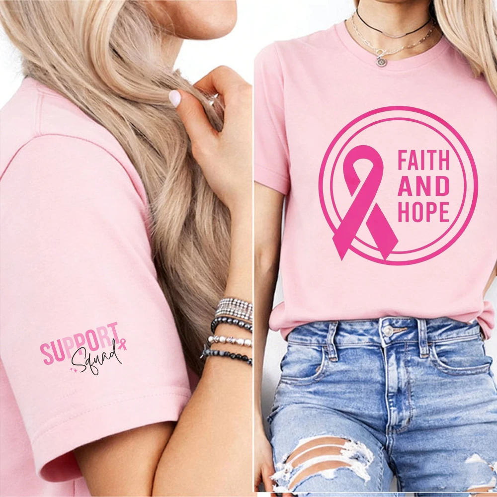 Faith and Hope Pink Ribbon Circle Women T-Shirt Support Squad Cuff Graphic Breast Cancer Support Inspirational Daily Wear Tees