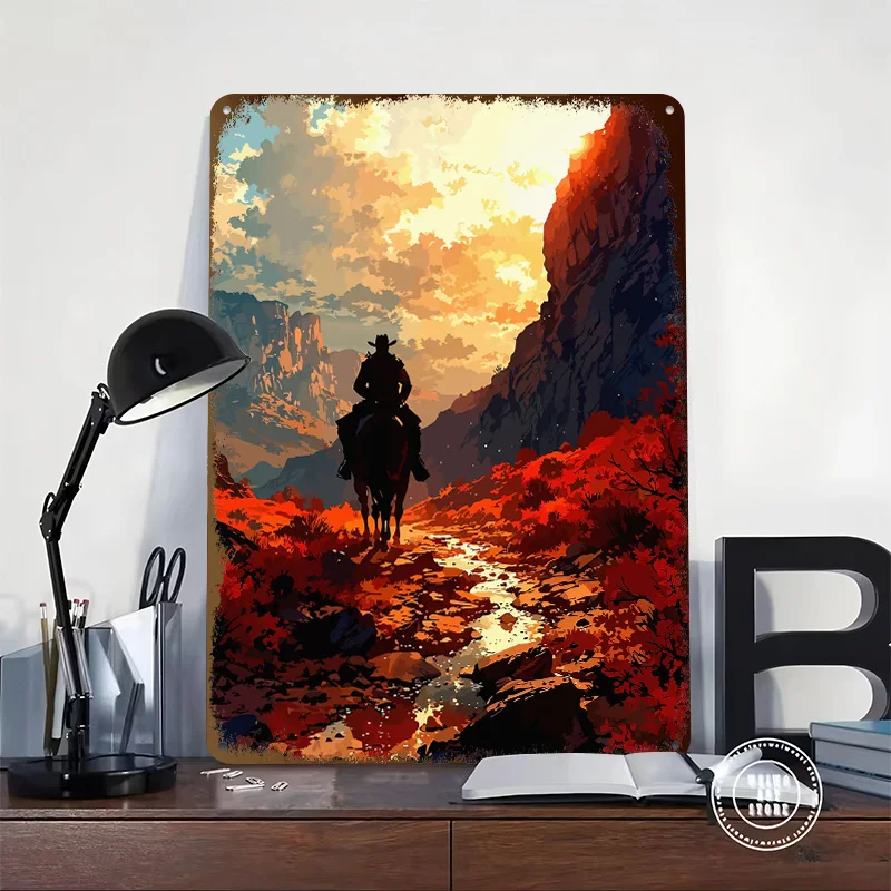 Cowboy Riding Through Canyon At Sunset Metal Poster Customized Wall Art Retro Vintage Metal Tin Signs for Home Decoration Luxury