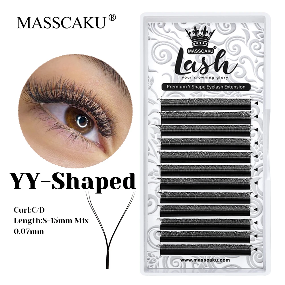 

12 Rows MASSCAKU C D Curl Fluffy Triple Tips Y Shaped Eyelash 8-15mm Mix Size Handmade Rapid Grafting Y Style Eyelashes Trays