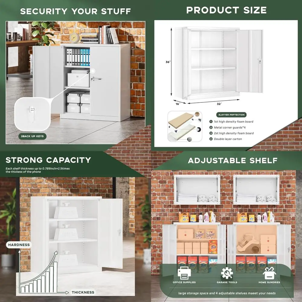 

36 Steel Locking Storage Cabinet with Doors and Shelves, Home Office Utility Locker, 2 Keys Included, White and Grey
