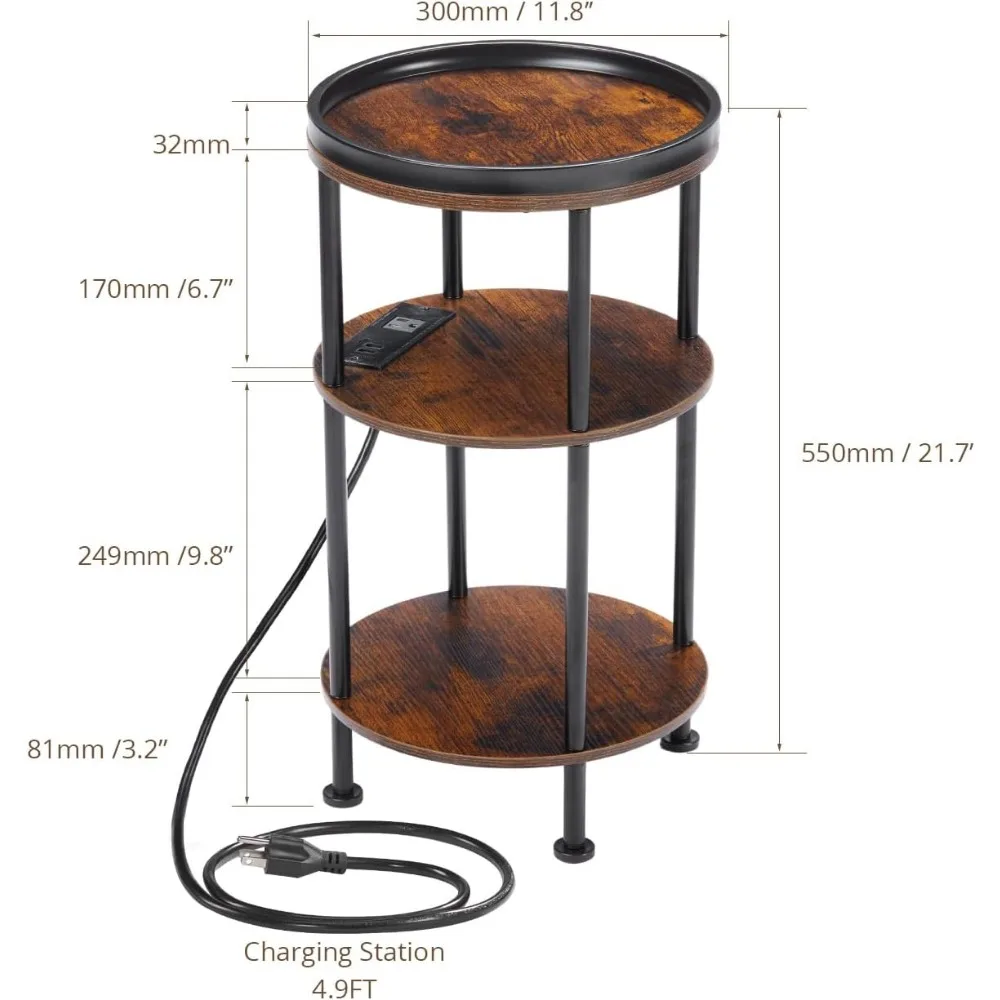 3-Tier Round Side Table with Charging Station, USB Ports & Outlets for Small Spaces, Rustic Brown