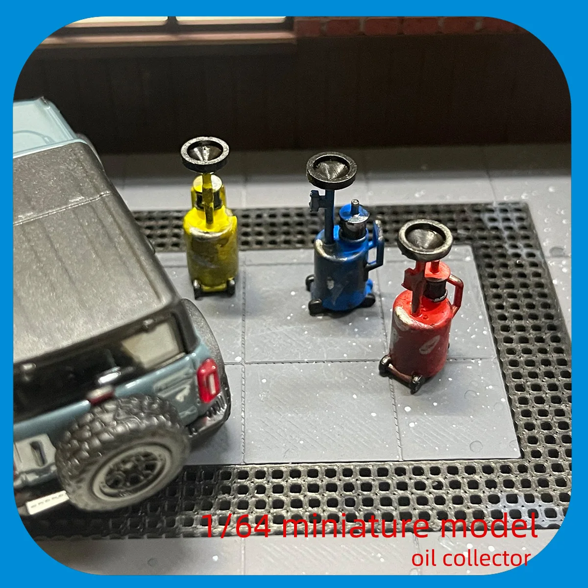 Escena Detallada: Maqueta en Miniatura a Escala 1:64 de Taller de Reparación, Mini Colector de Aceite, Adorno para Escena de Coche con Diseño Vintage