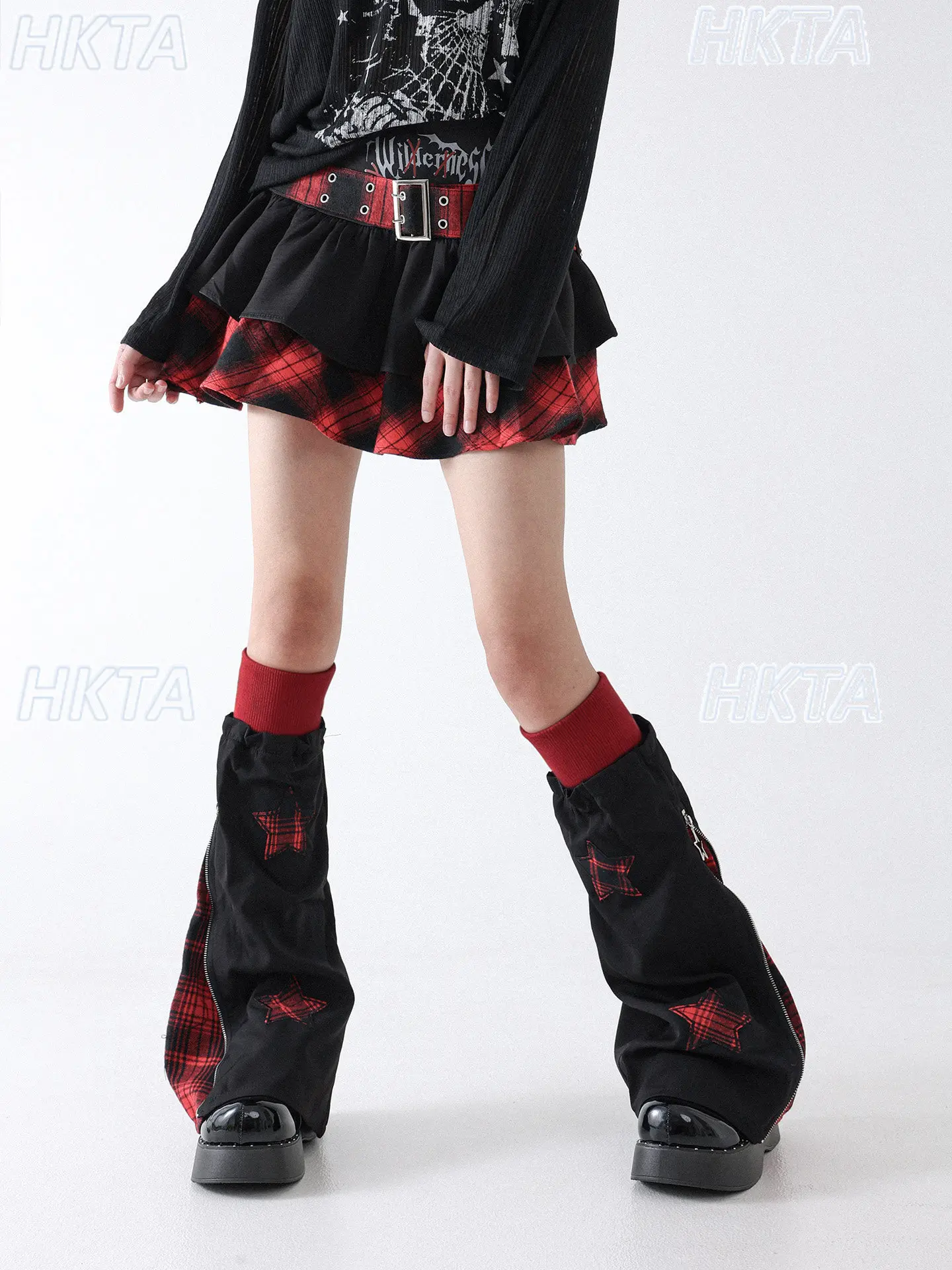 Dark Goth Sweet Cool Plaid Denim Leg Cover Subculture Y2k Contrasting Color Fake Two Pieces Leg Cover Apparel Accessories Women