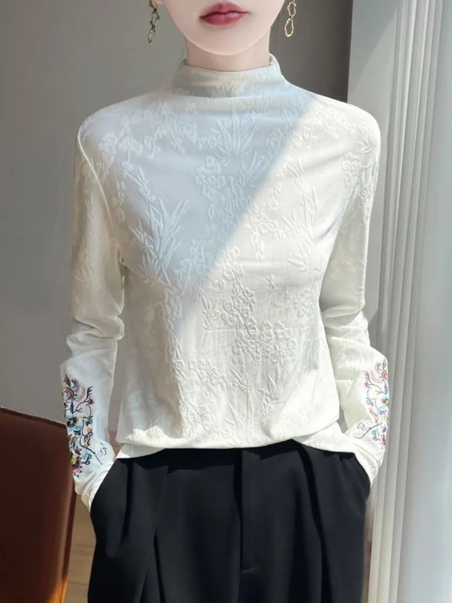 

plus Size Chinese Style Embroidered Half High Collar Base Shirt Women's Autumn Winter Slimming Long Sleeve T Parka Coat