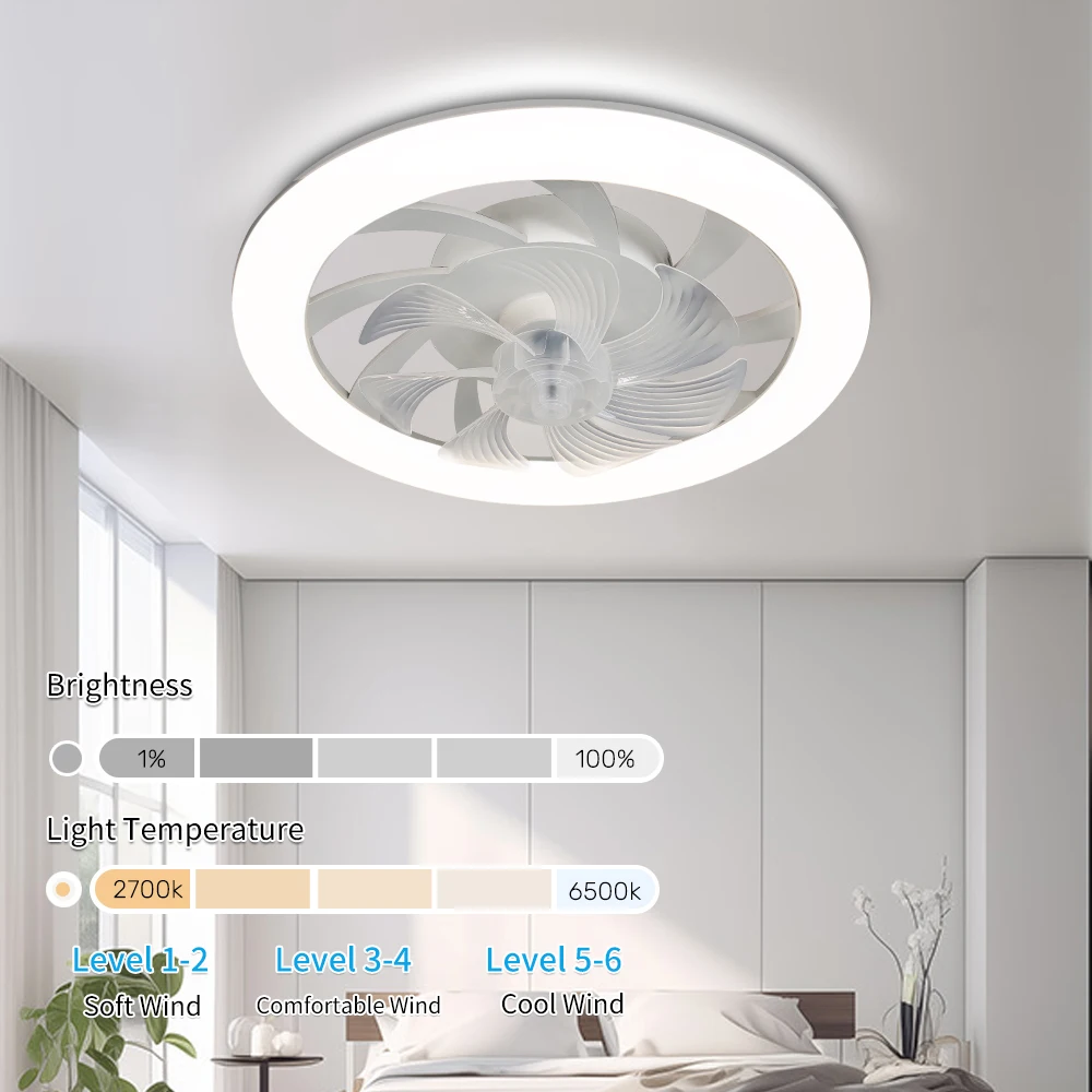 

Thin Ceiling Fan with Light and Remote Control, 6-speed Intelligent Embedded Pendant Lighting for Bedrooms and Living Rooms