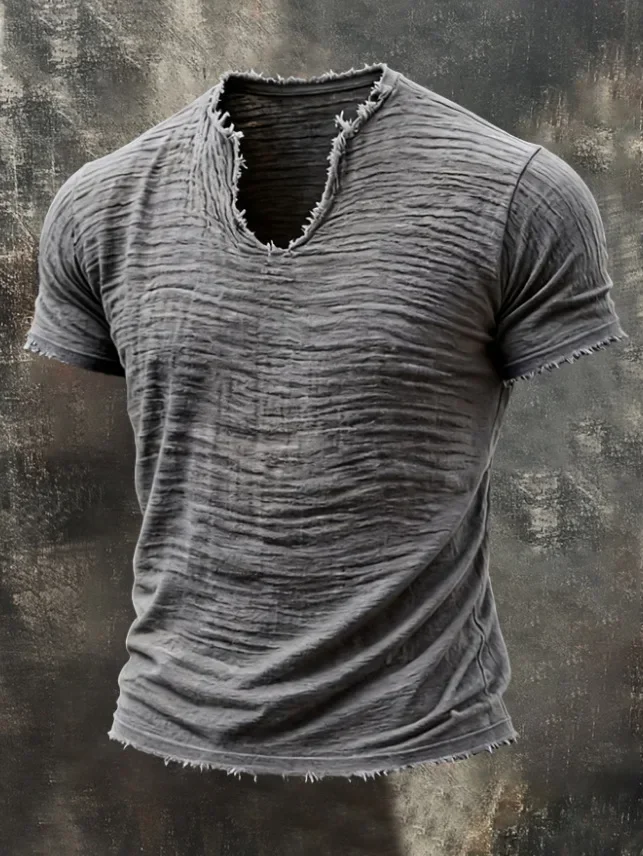 Herren-T-Shirt mit ausgefranstem V-Ausschnitt und kurzen Ärmeln, faltige Textur, 100 % Baumwolle, minimalistische, lässige, einfarbige T-Shirts für den täglichen Gebrauch – Detail 7