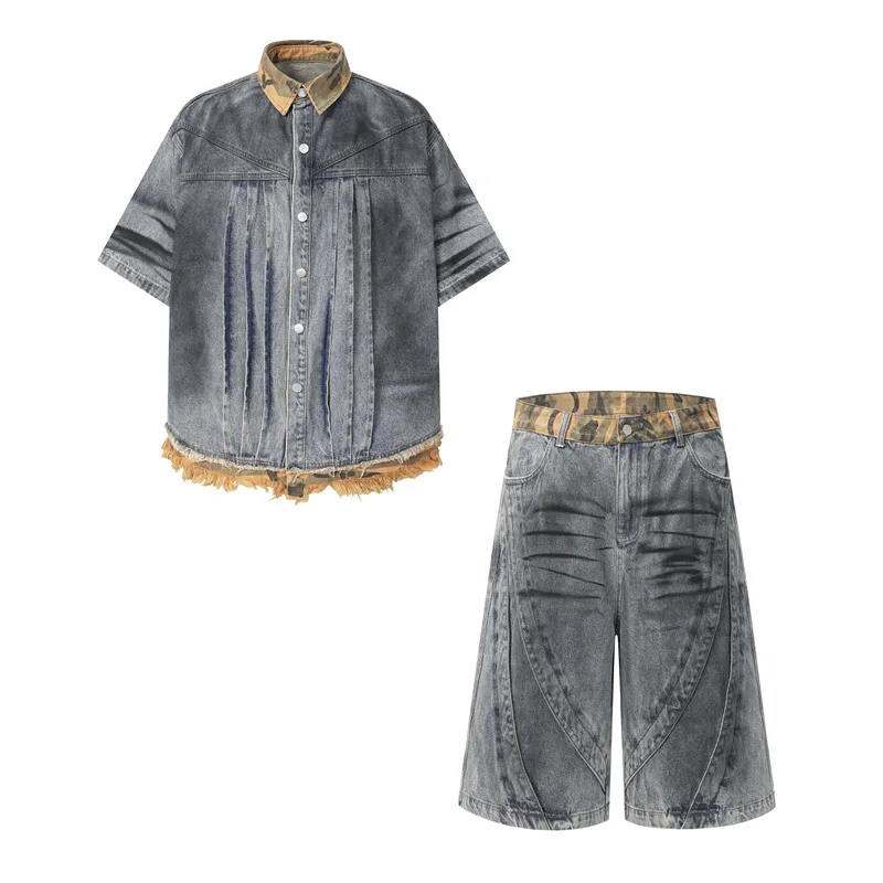 

Мужские винтажные джинсовые шорты с камуфляжными вставками, в стиле High Street, с эффектом потертости, ретро-деним, летние джинсы