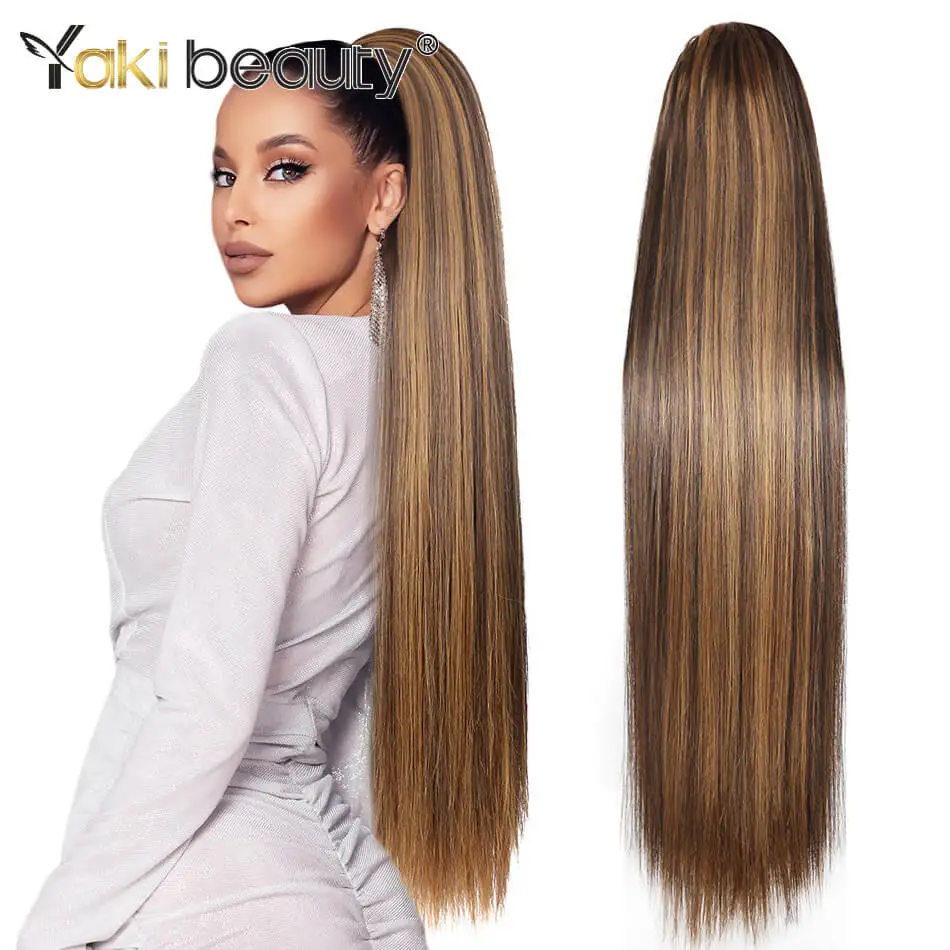 32inch Synthetic Ponytail Long Kinky Curly/Straight Drawstring Ponytail Clip in Hair Extension Organic Fiber Hair YAKI BEAUTY