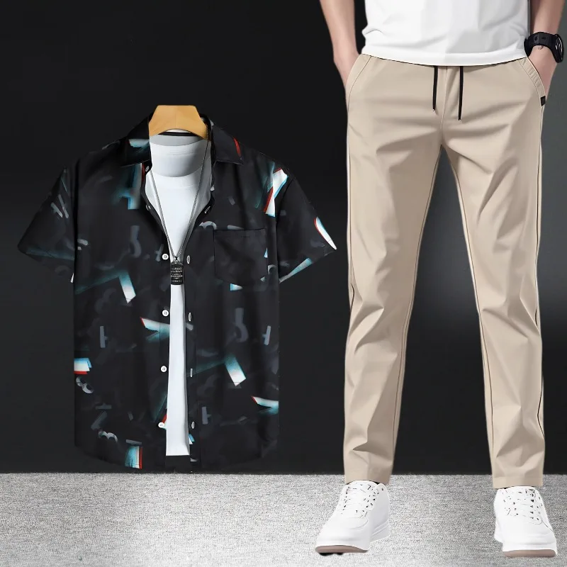 إنجلترا نمط رجل الصيف عارضة الزي قصيرة الأكمام طباعة القمصان والسراويل قطعتين مجموعة رقيقة النسيج خفيفة الوزن تنفس