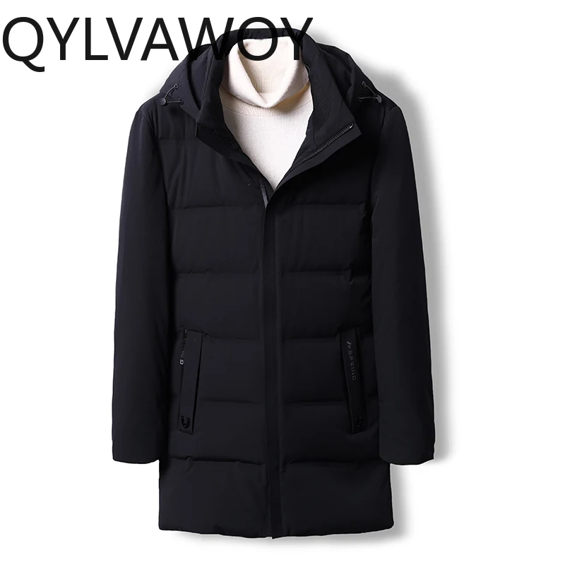 QYLVAWOY 90% مادة البولي أميد للرجال شتوي متوسط الطول مع قلنسوة ملابس خارجية شتوية للأب LJ2169