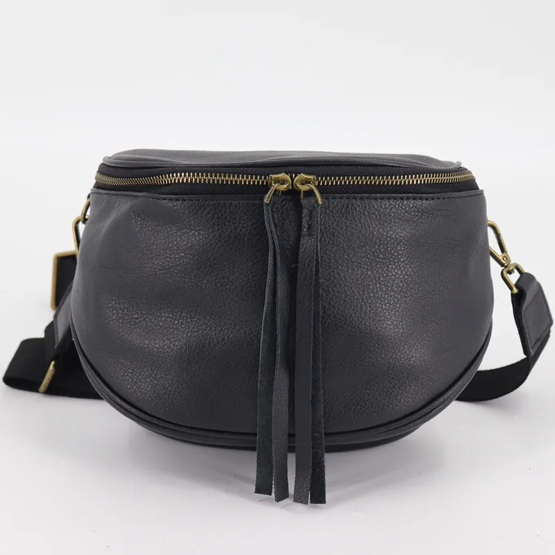 Vintage Women Wide Single Strap Saddle Crossbody Bag Genuine Leather Tote Bag Female Semicircle Design Shoulder Messenger Bag