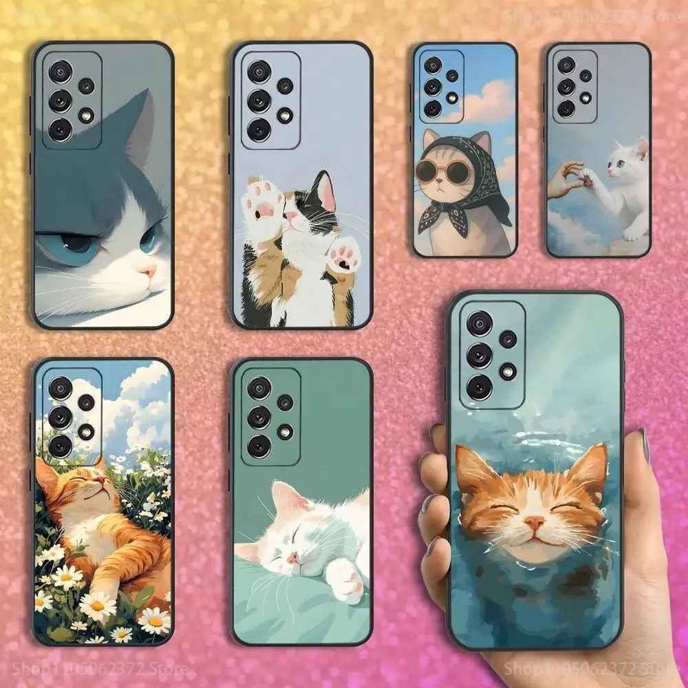 

Cute Cartoon Art Kitten Phone Case For Samsung S25,S24,S23,S22,S21,S20,S10,Ultra,Plus,Lite,FE,Soft Silicone Black Cover