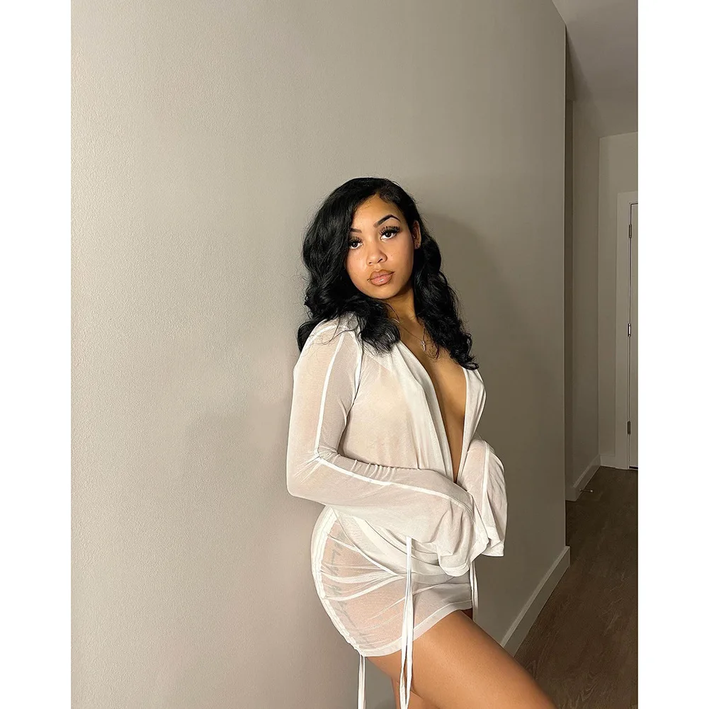 Y2K Sexy Diepe V-hals Mini Mesh Jurk Vrouwen Party Outfit Twee Stukken Set 2024 See Through Lange Mouw Club Party bodycon Jurken