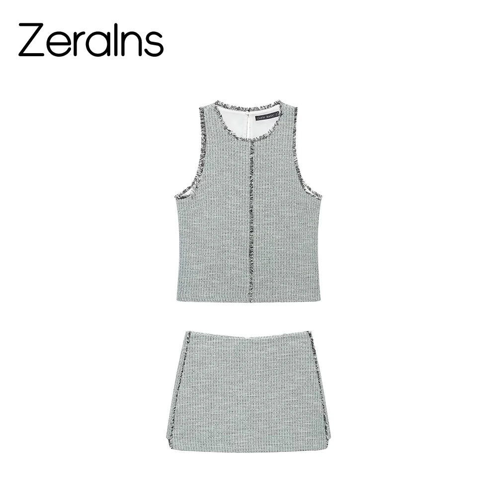 ZERAINS European and American style sleeveless round neck back slit frayed texture top mid waist mini skirt set