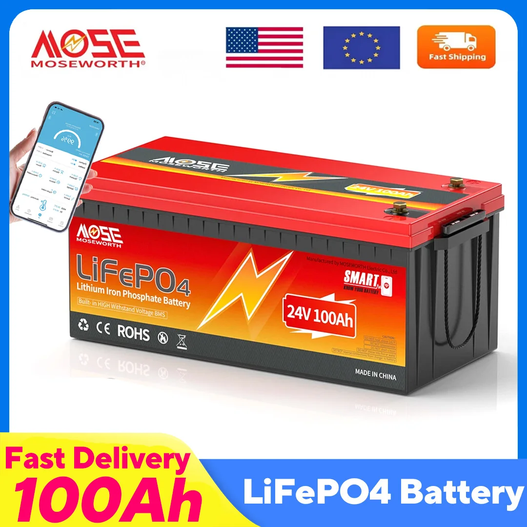 

24 В 100 Ач Bluetooth LiFePO4 Батарея Литий-железо-фосфатная аккумуляторная батарея с BMS 8000+ циклов 2560 Втч для морской солнечной батареи