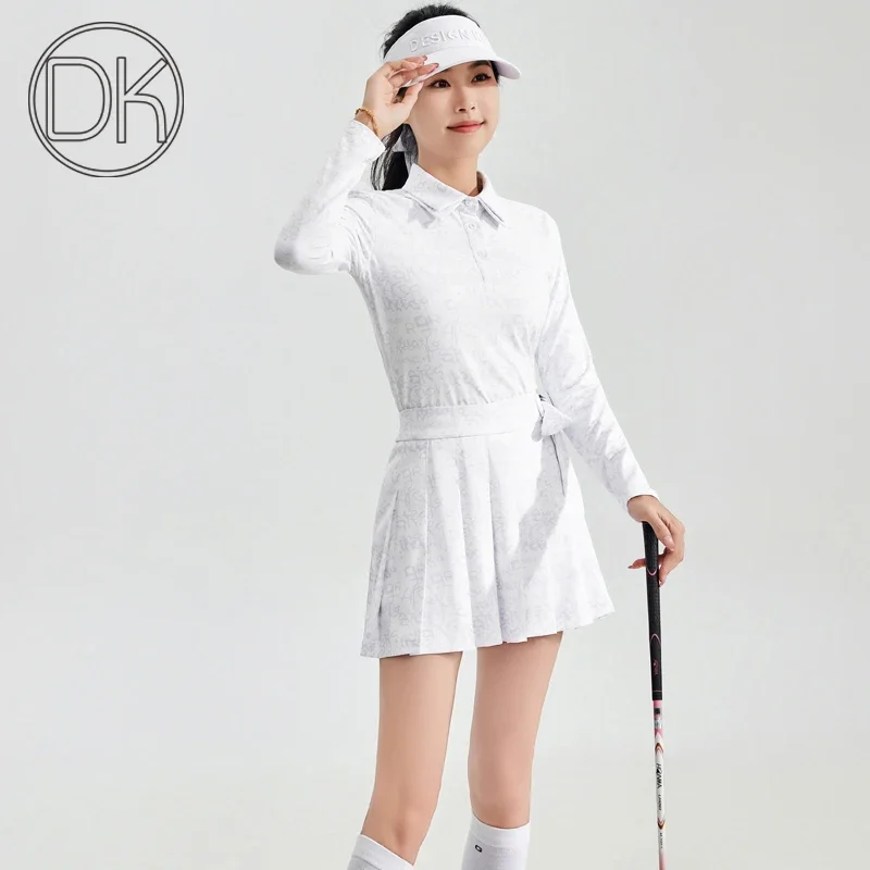 DK-Top feminino golfe manga longa, camisa com gola de botão, saias plissadas bowknot, camisa de cintura alta, saia feminina estampada, início do outono