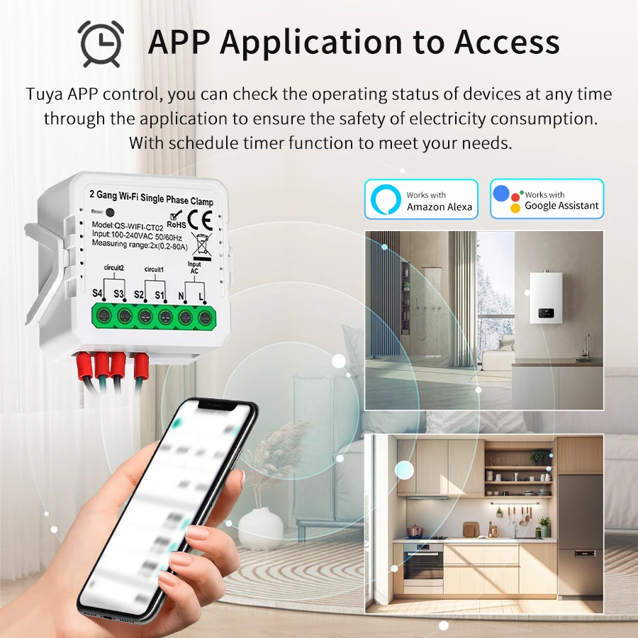 Tuya WiFi Smart Trasformatore di corrente Morsetto 80A 1/2CH App contatore di energia Sistema solare fotovoltaico remoto Monitoraggio del consumo di produzione di energia
