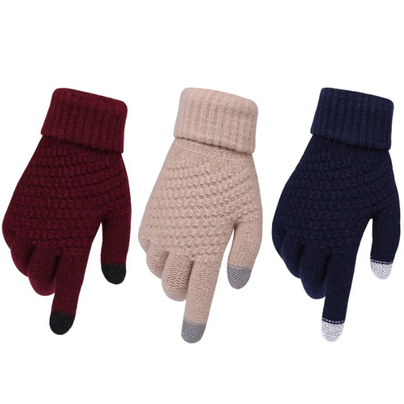 Women's Gloves Touch Screen Gloves Autumn Winter Imitation Wool Full Finger Mittens Warm Stretch Knit Mitten Thicken Gloves