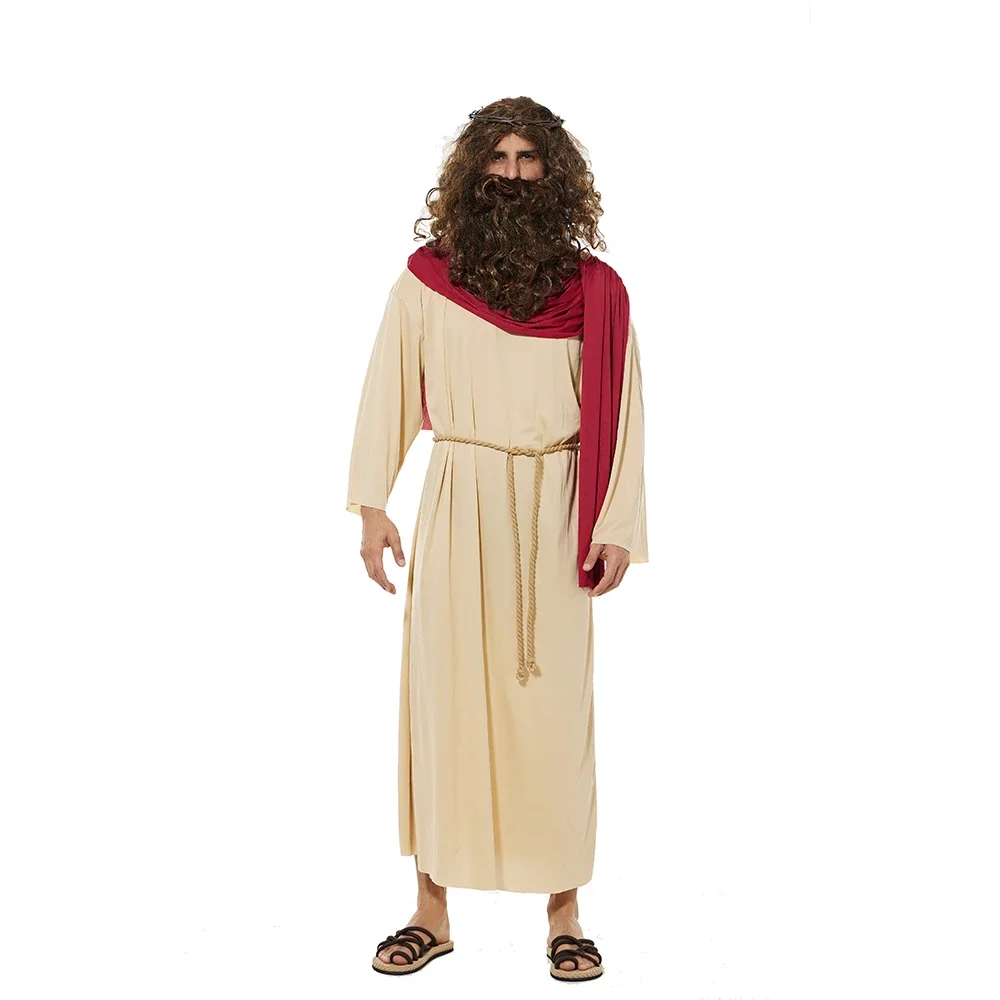 Adult Jesus Halloween Costume Men's Biblical Religious Saint Robe with Wig Cosplay Carnival Easter Purim Fancy Dress