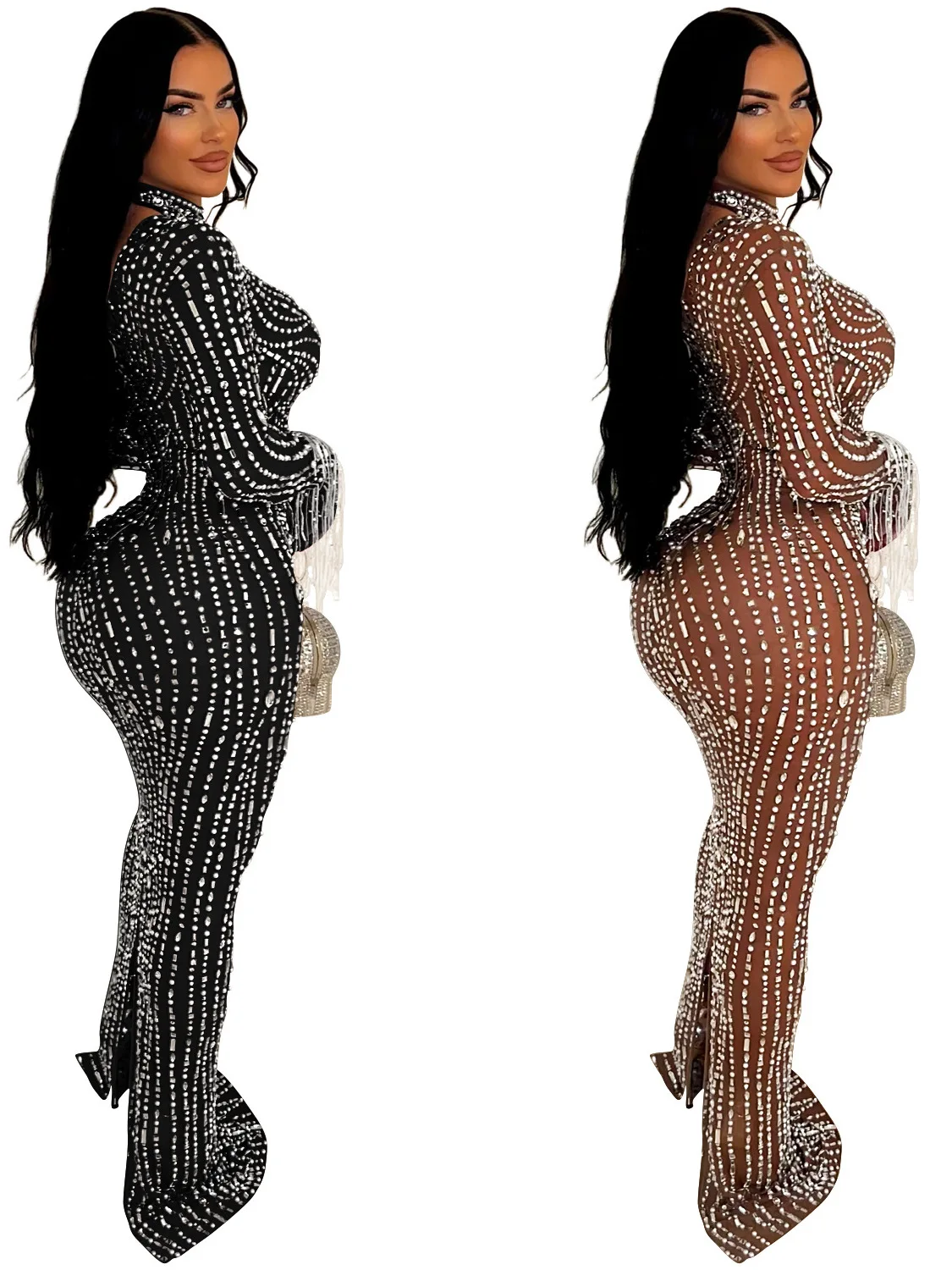 

Модное однотонное платье с сетчатыми вставками и стразами, женское платье-миди с длинным рукавом, круглым вырезом и застежкой-молнией