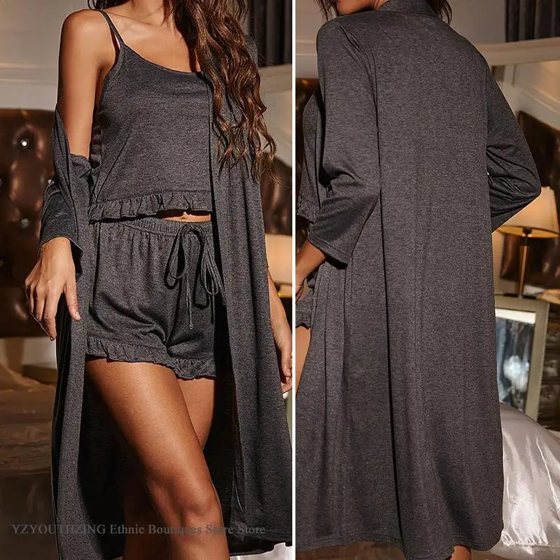 

New Female 3PCS Pajamas Set Loose Casual Modal Long Robe Bathrobe Kimono Gown Home Clothes Spring Summer Sleepwear Lounge Wear