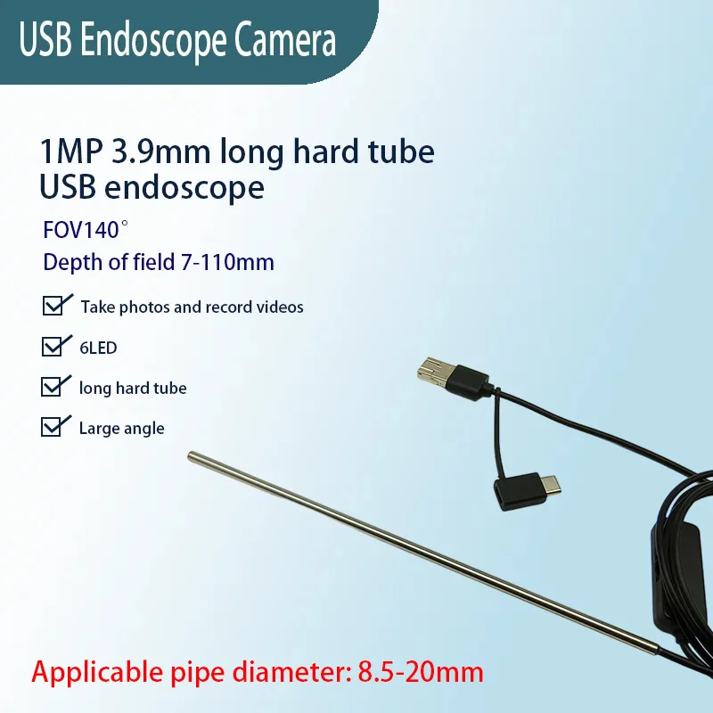 

1MP 3.9mm long tube industrial endoscope with FOV140°,3-in-1 USB interface, for industrial pipeline inspection.
