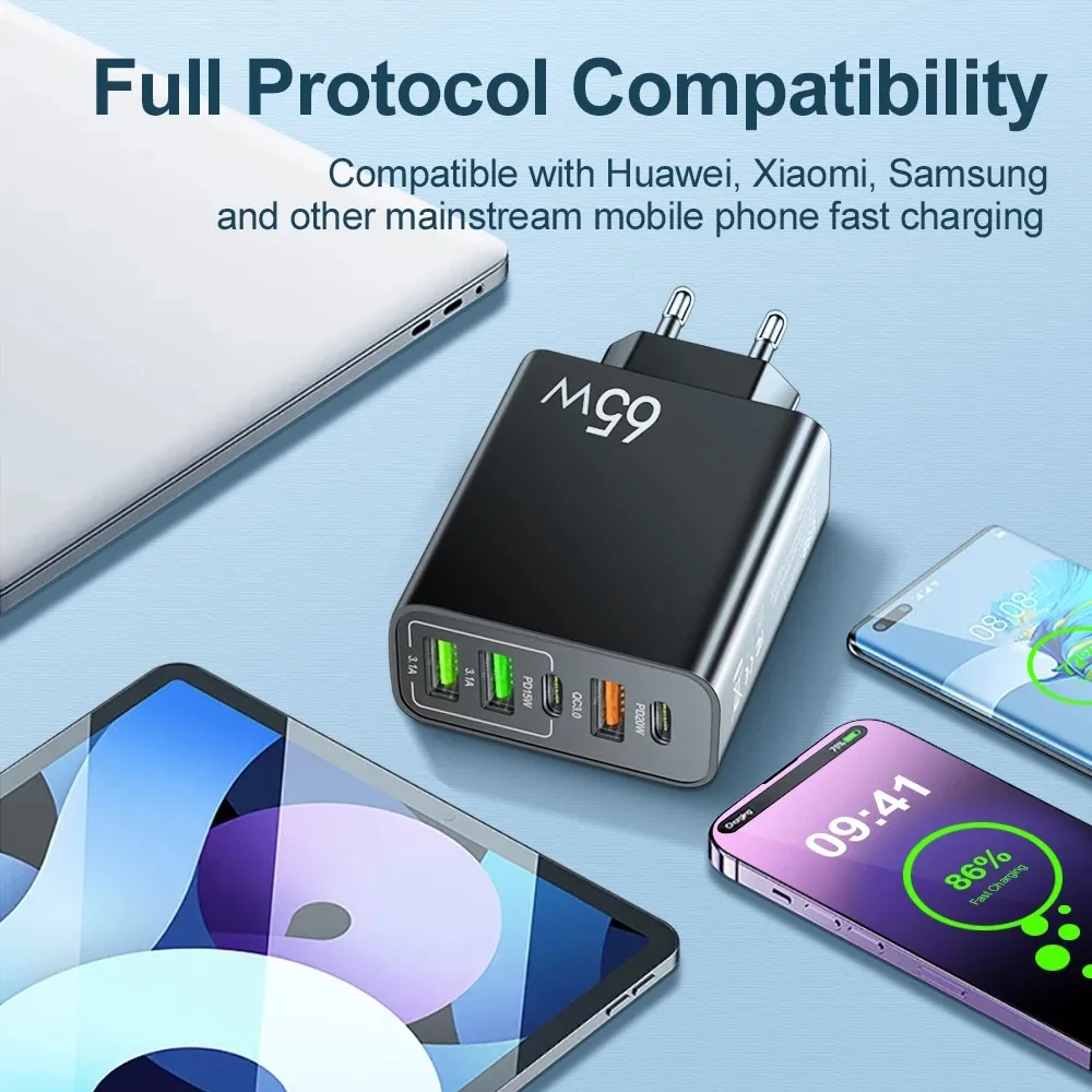 Total 65W USB C Charger Type C PD Mobile Phone Adapter 5 Ports Fast Charging For iPhone Samsung Xiaomi Quick Charge Wall Charger image 4