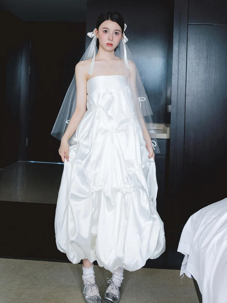 Elegant White Bridal Gown with Strap Wedding Dress for Women Forest System Outing Wedding Dress Long Skirt Polyester Fabric