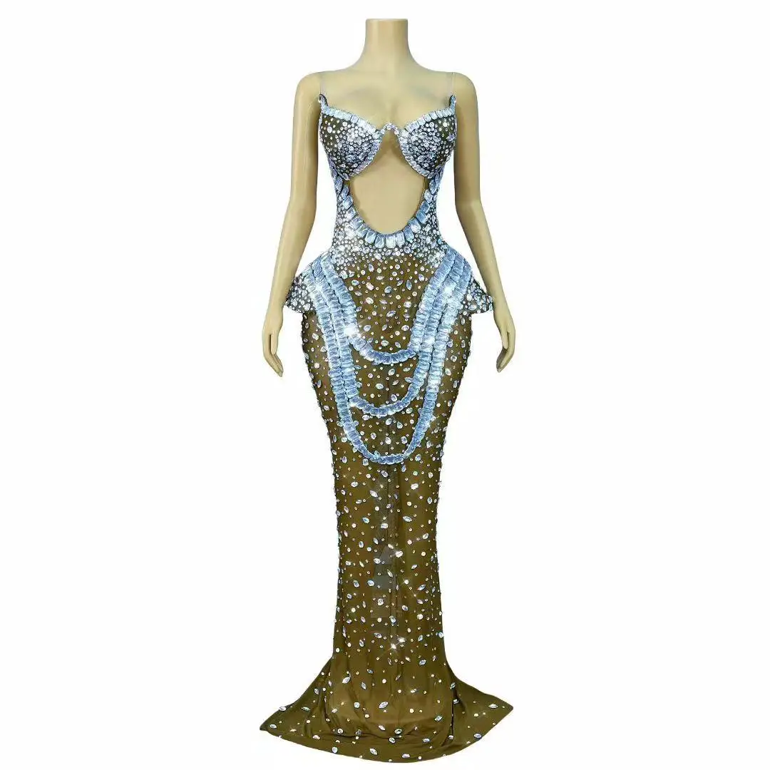 Seksowna sukienka maxi bez ramiączek z wycięciami, kryształkami i dżetami, przezroczysta sukienka z siateczki, damska suknia wieczorowa na bal, na czerwony dywan, na scenę.