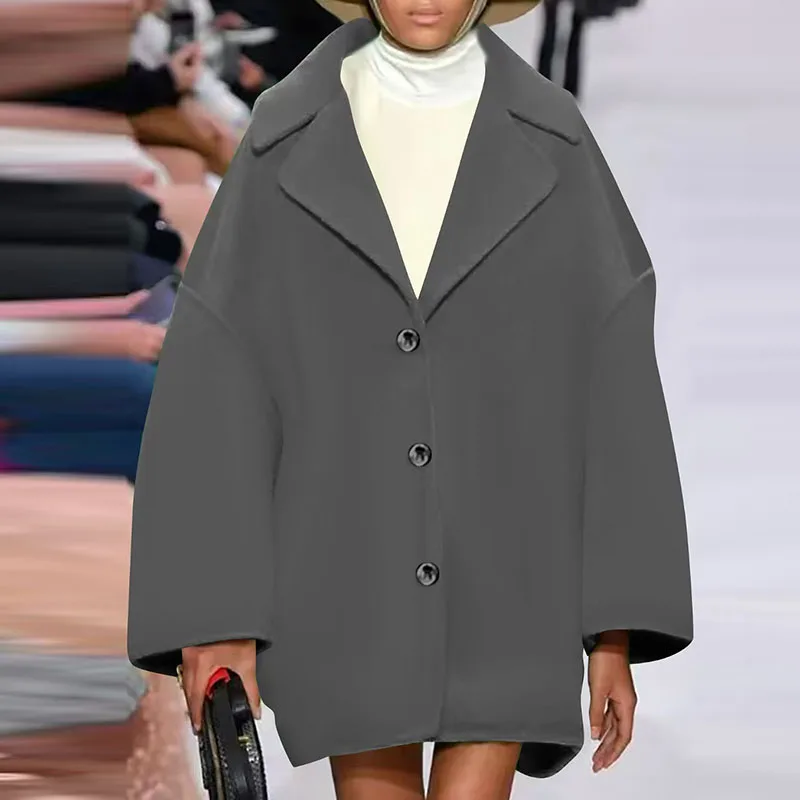 Fashion Temperament Lapel Women's Jackets Elegant Commuting Loose Outerwear Simple Solid Color Long Sleeved Winter Woolen Coat