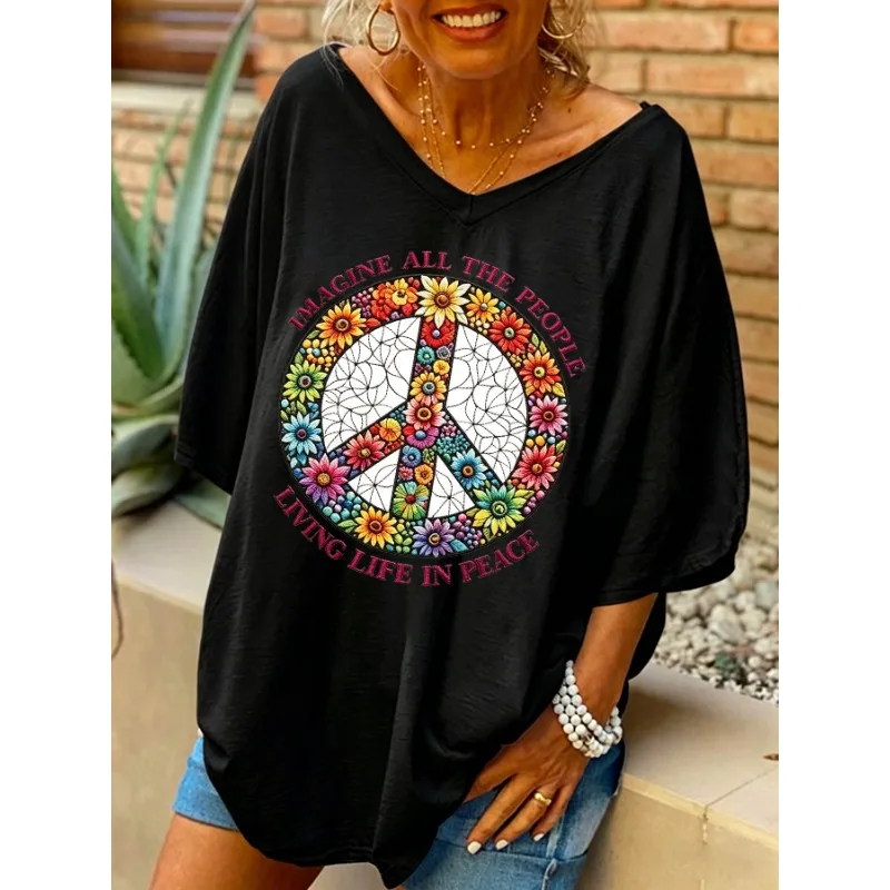 ilstile Women's Hippie Living Life in Peace Print T-Shirts Summer Short Sleeve Casual Loose V Neck Long Tops White Black