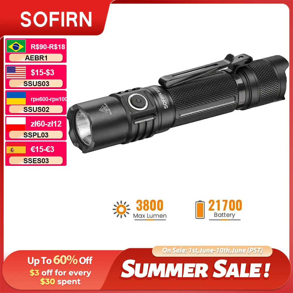 SOFIRN SP35T 3800lm Tactical Flashlight Powerful LED Light USB C 21700 Rechargeable Torch with Dual Switch Power Indicator ATR