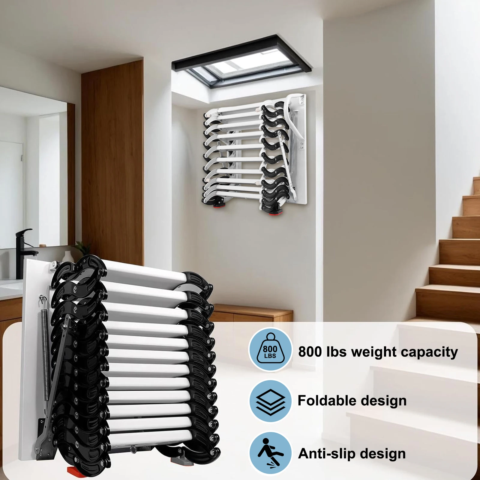 12 Steps Wall-Mounted Folding Stairs, Metal Anti-Slip Retractable Attic Ladder, Pull Down System with 2 Side Rails for Home