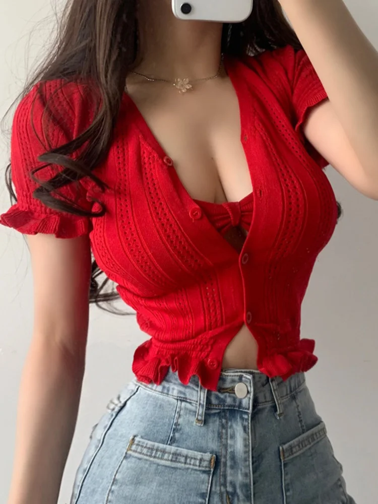 European korea Knitted Short sleeve Shirt Female Fashion Hollow Lace Top French Girl Sexy Low Chest V-neck Blouse shirt  M289