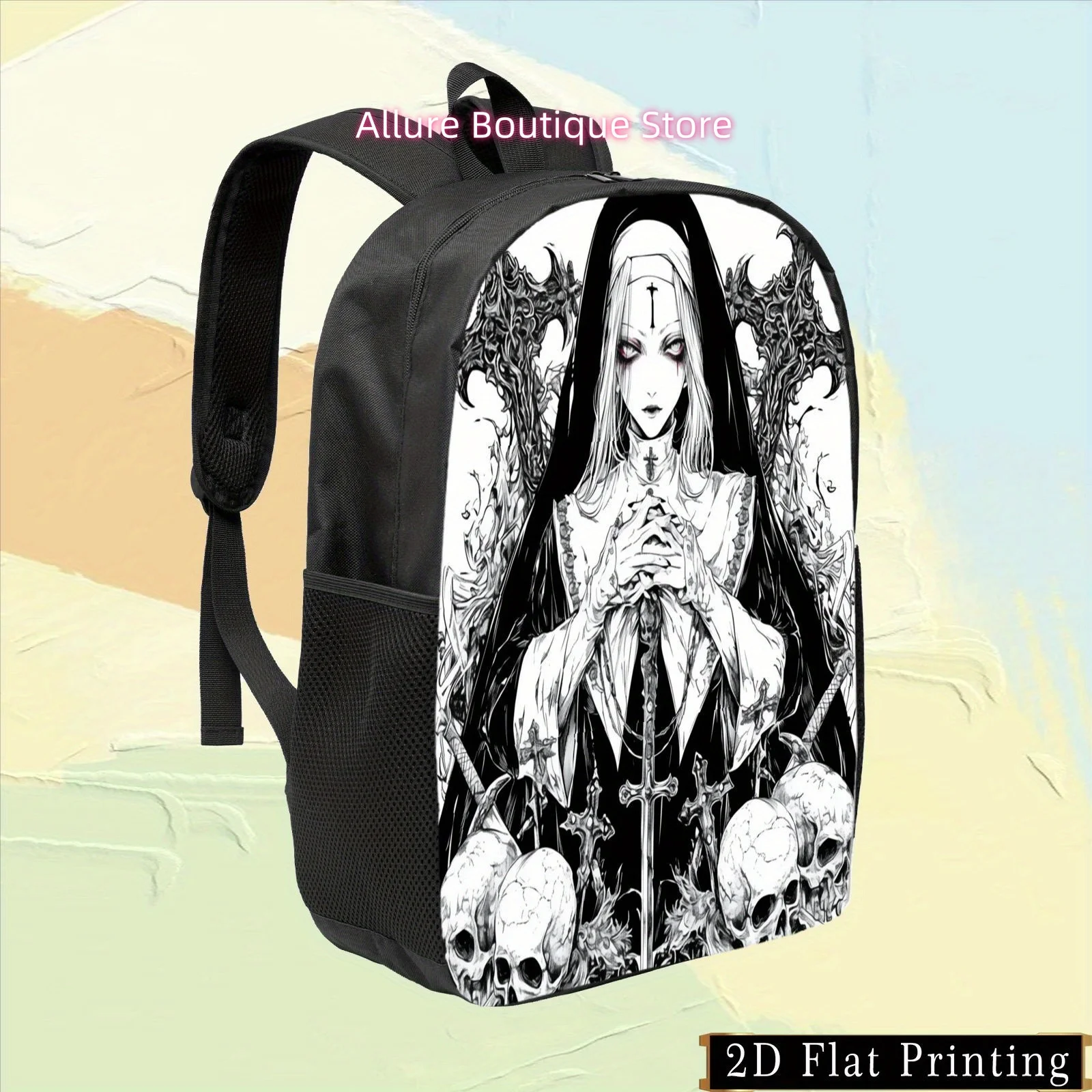1pc Colorful Single-Sided Printed Student Backpack with Black and White Goddess, Skull, and Cross Design Pattern,  Print Zipper,