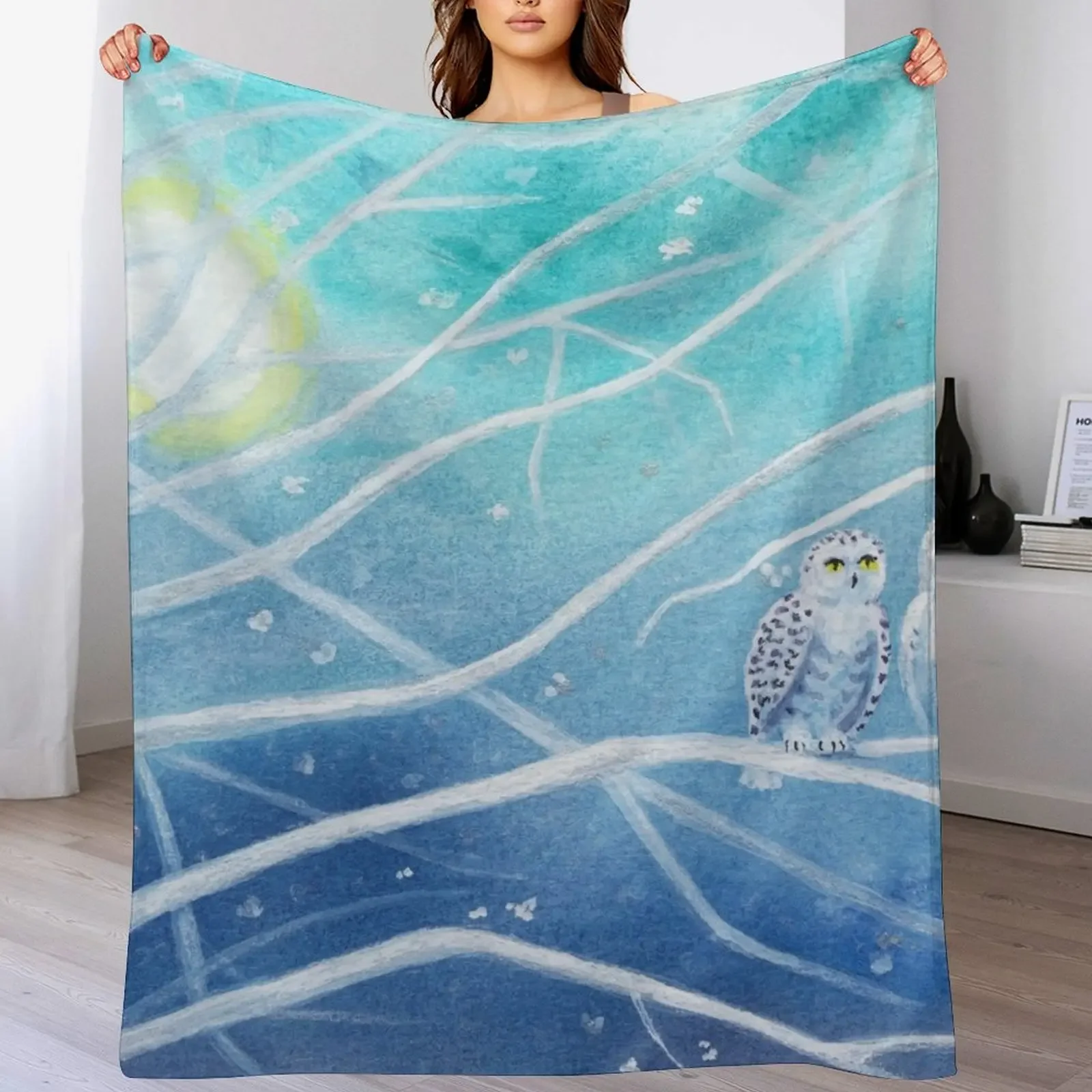 Snowy Owls On A Branch Throw Blanket Air Conditioner Soft Blanket for Office Home